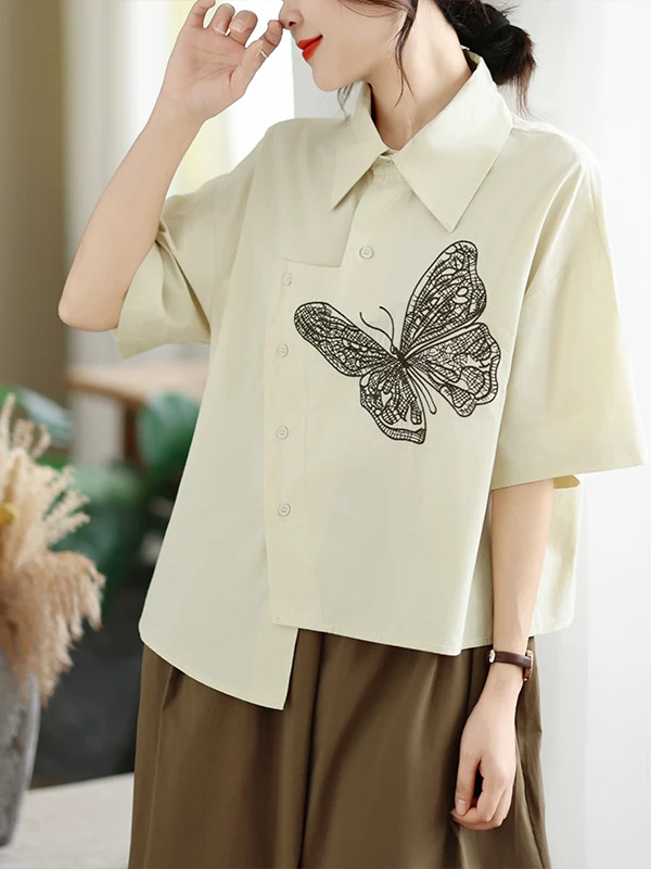 

Elegant Embroidered Loose Fit Shirt Women's Summer New Style Collar Short Sleeve Asymmetrical Slimming Top