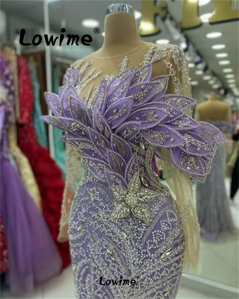 Abendkleider Purple 5D Leaf Aso Ebi Crystal Mermaid Prom Dresses Sequined Evening Formal Party Second Reception Engagement Dress