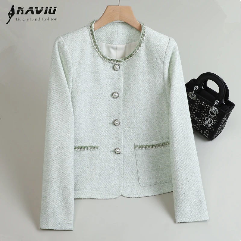 

NAVIU Elegant Women's Jacket O Neck Long Sleeve Coat Solid Korean Style 2026 New Fashion Single Breasted Blazer Tops