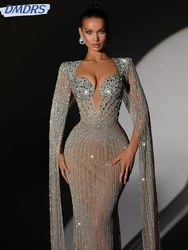 Luxurious Beaded Mermaid Long Evening Dress With Cape Sleeve Silver Rhinestones Prom Dresses Customized Sexy Wedding Party Gown