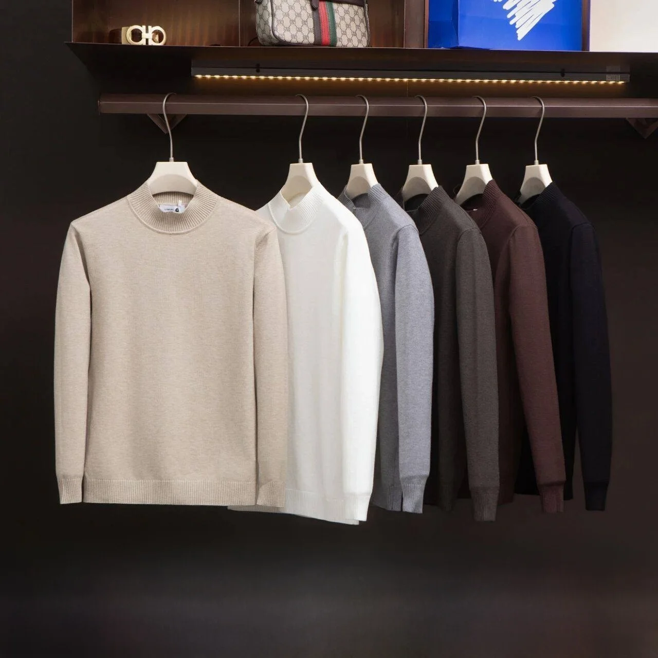 

Warm Knitted Men's Sweater f High Collar Mixed Fabric Autumn Winter Faionable Tight Fit Long Sve Crew Ne