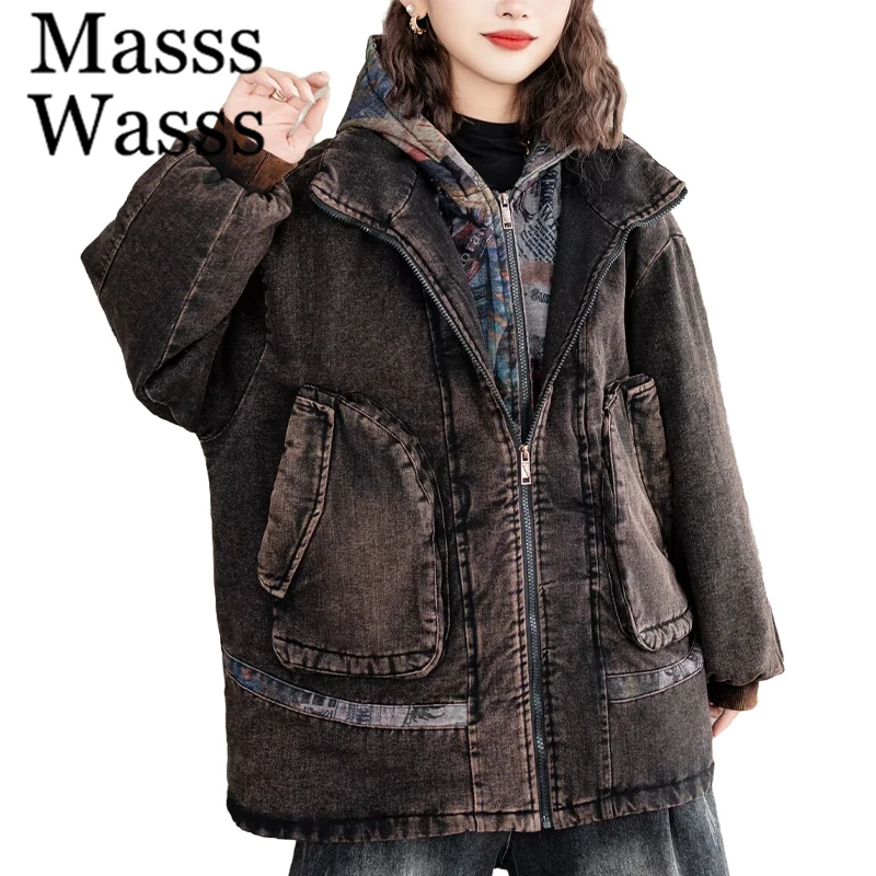 Masss Wasss Fashion Loose Winter Ladies Denim Hooded Printed Padded Jeackets Womens Big Size Casual Parkas Vintage Thicken Coats