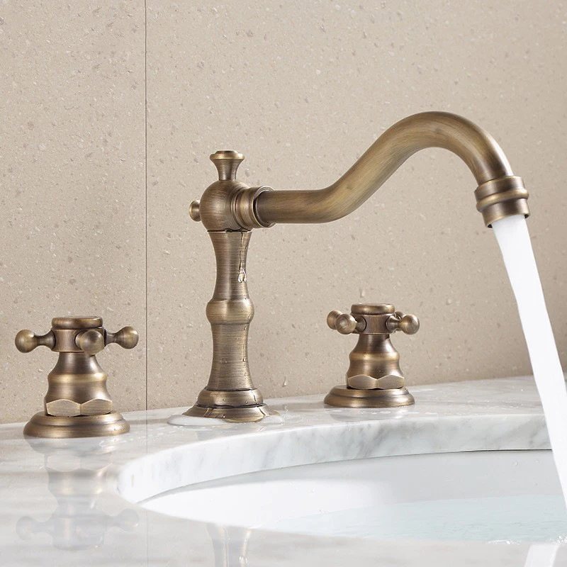 Solid Brass Bathroom Basin Mixer Tap Antique Brass  Kitchen Sink Faucet Dual Handles 3 holes 3 pcs Deck Mounted Basin Faucet