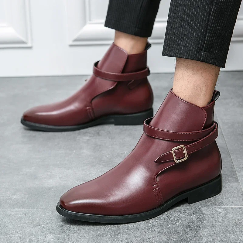 Zapatos de punta estrecha de marca de lujo para hombre, zapatos altos de cuero para boda, zapatos de vestir de negocios rojos, botines de invierno