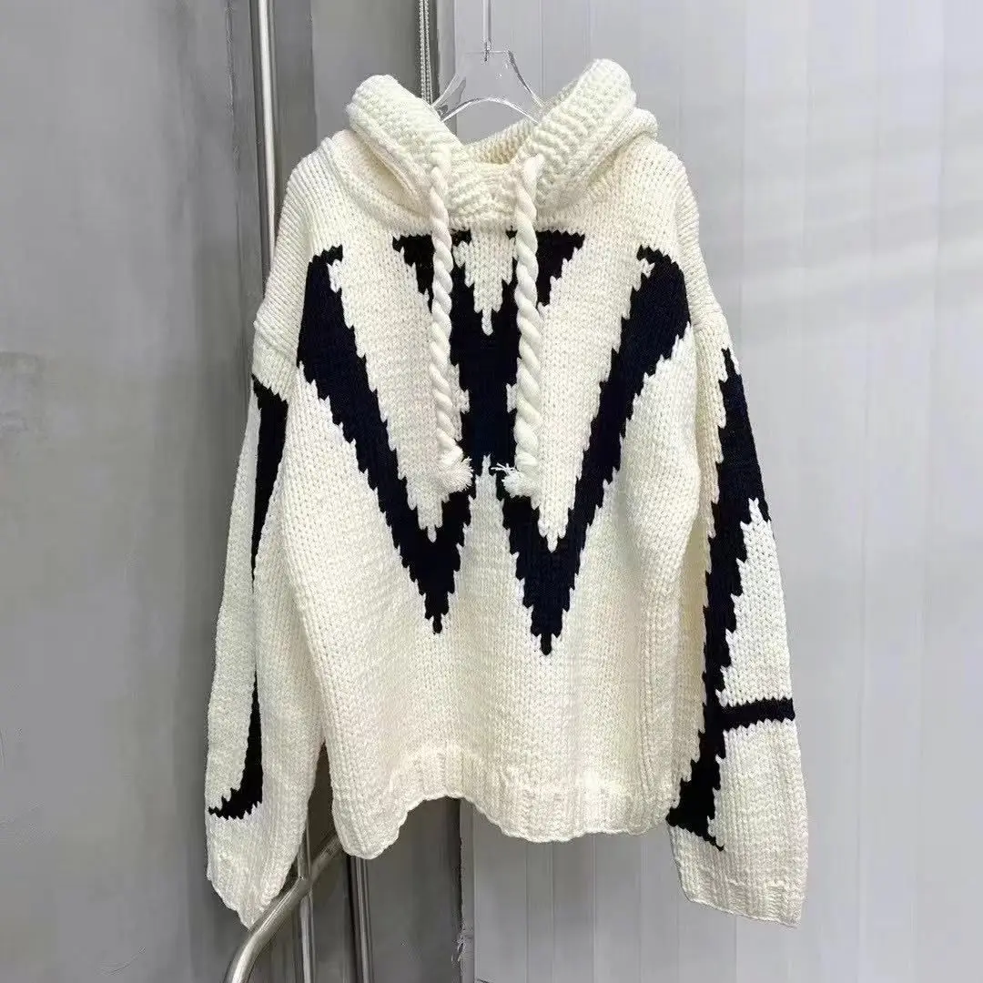 Knitted Sweatshirt Stylish Simple  letter Long Sleeve Sweater Hoodies Loose Thicken Warm Wool Top Autumn Winter 2022 Women's Men