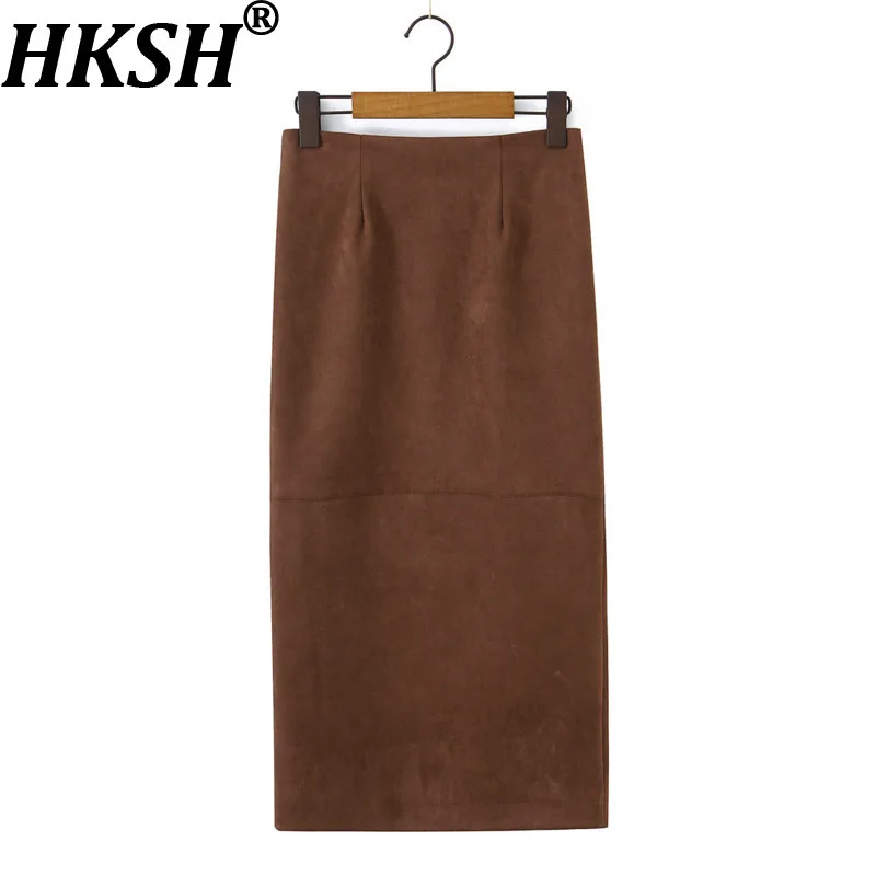 

HKSH Autumn Winter New Women Skirt Faux Suede Zipper Back Split Solid Color Slim Fit Elegant Streetwear Retro Ins Skirts HK16117