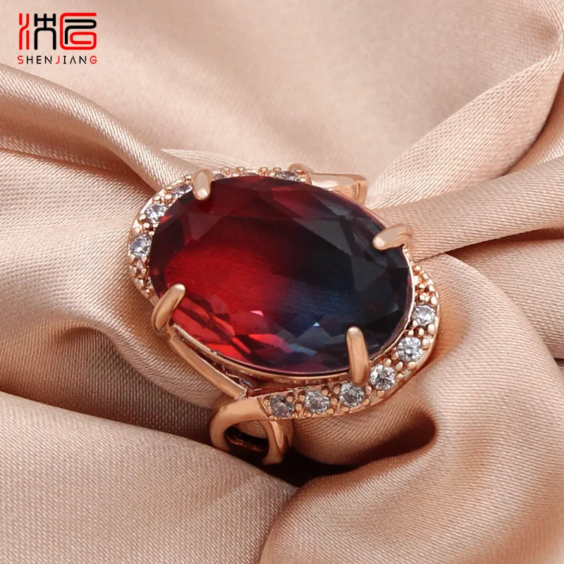 SHENJIANG New Fashion 585 Rose Gold Color Egg Shape Oval Imitation Tourmaline Rings For Women Wedding Party Trendy Jewelry