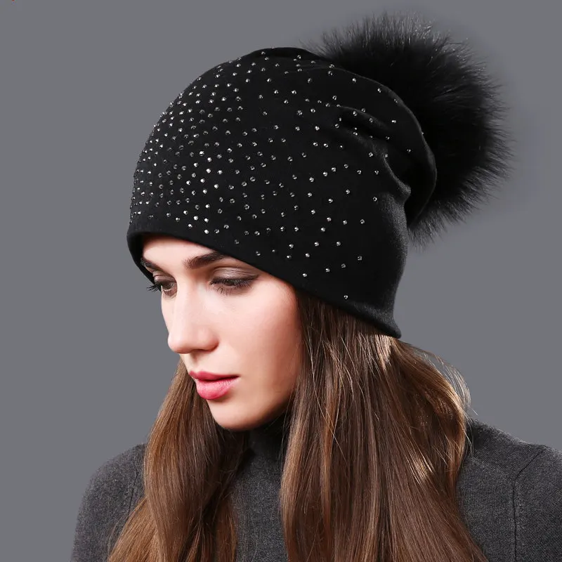 Women\'s Pompom Beanie Hats Autumn Winter Rhinestones Cotton Slouchy Beanies for Women Ladies Hat With Genuine Raccoon Fur Pompon