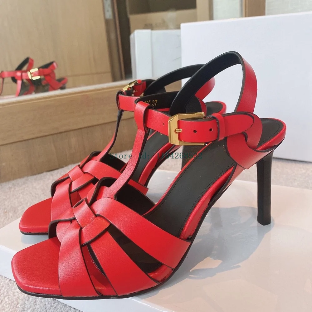 Red T Strap Weaving Open Toe Sandals Sexy Square Toe Thin Heel Buckle Strap New Arrivals Fashion Women Runway Shoes