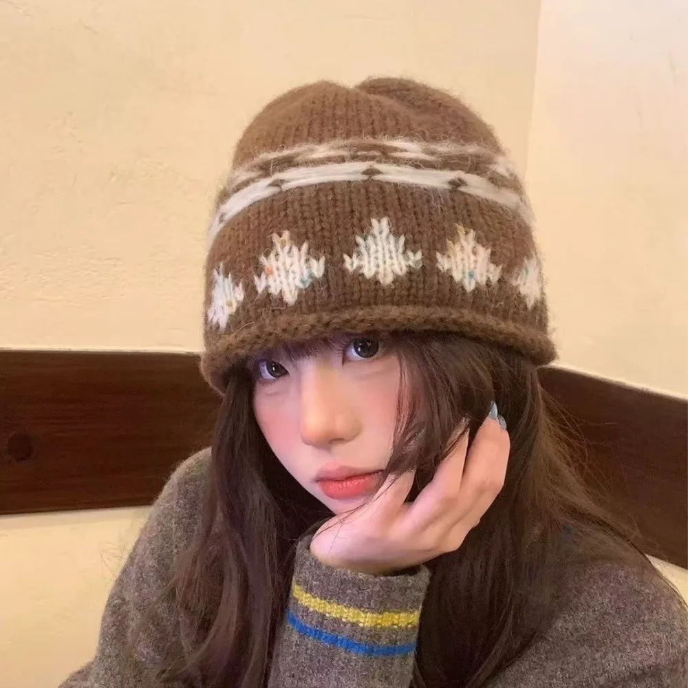 Modna czapka beanie z żakardowym wzorem w stylu retro, ciepła czapka dziergana, koreańska czapka w stylu Fair Isle, zimowa czapka na zimno, jesień