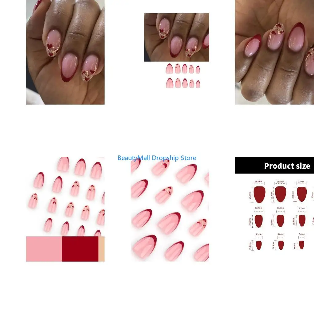 40JD Press On Short Almond French Tip Faux Heart Glittering Glossy On 24Pcs Set for Valentines Day