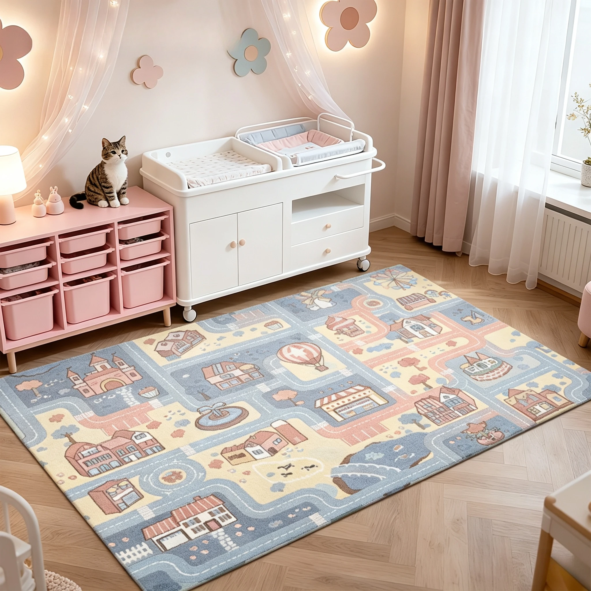 City Road Map Area Rug Cartoon Town Village Street Pattern Colorful Cute Style Living Room Bedroom Floor Carpet Mat Home Decor