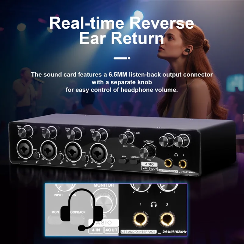 ABAC-voor studio- en live-opname Compatibele 4-kanaals USB-audio-interface Geluidskaart Microfoonvoorversterker en ASIO-ondersteuning