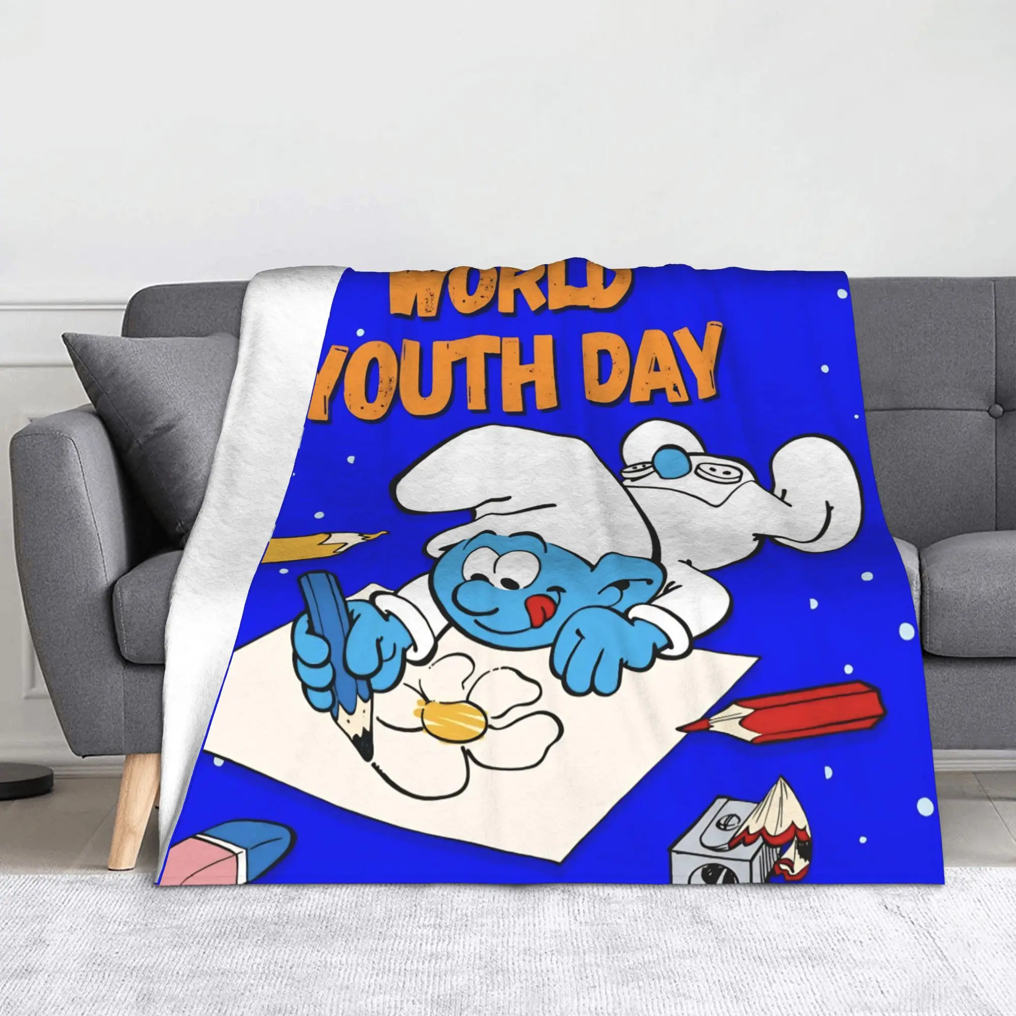 

S-Smurfs Blue Cartoon Blankets Flannel Spring Autumn Portable Soft Throw Blanket for Bedding Car Quilt