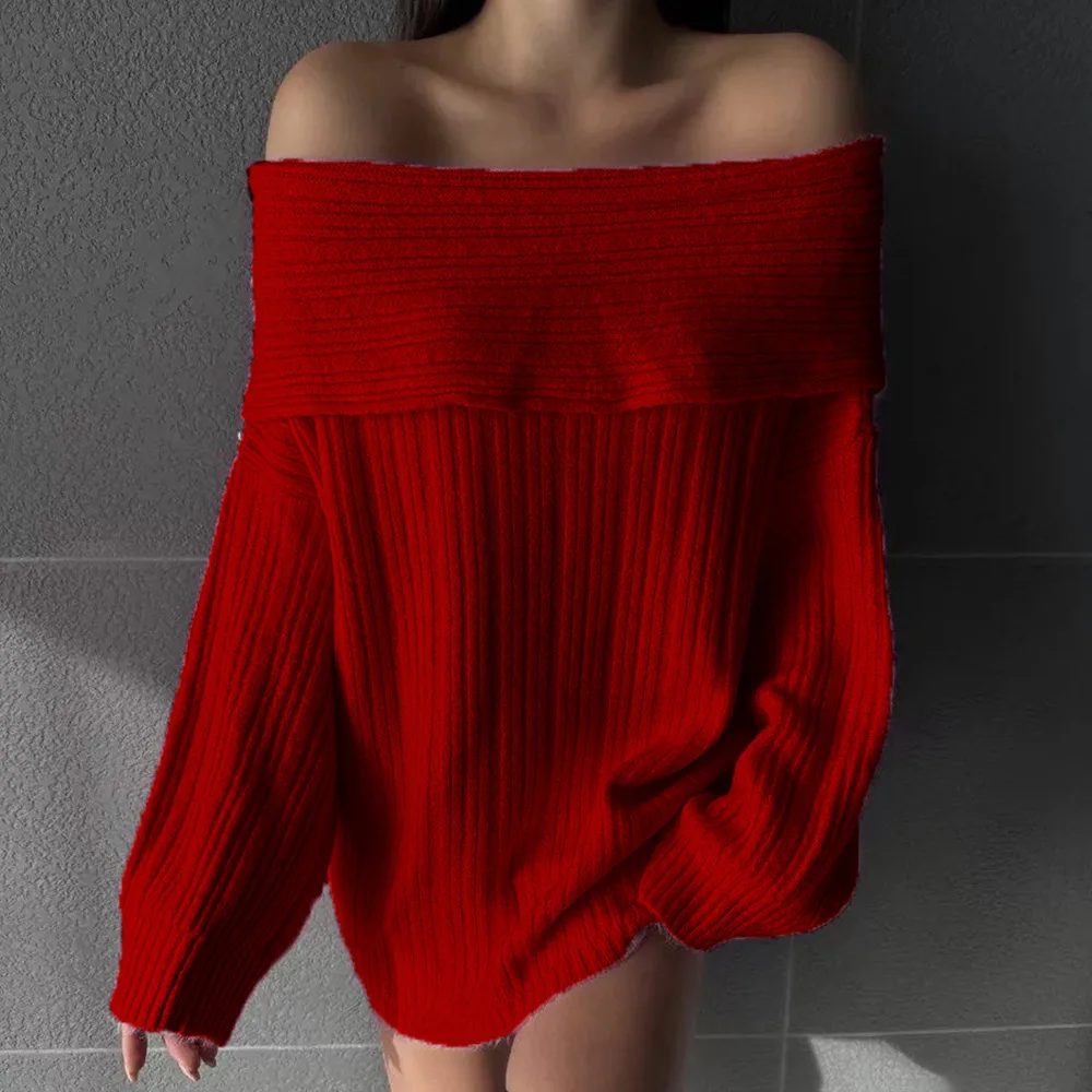 White Red Black Elegant Off Shoulder Knitted Loose Pullover Sweater 006