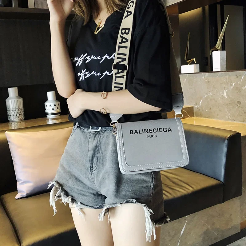 2022 New Design Small Square Bag Women Letter Wide Strap Shoulder Messenger Bags  Female Purse Handbag Student Fashion Flap Hot