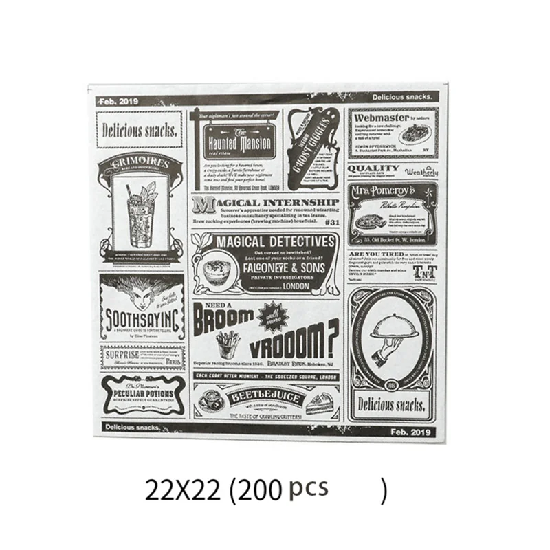 A59E-200Pcs English Newspaper Greaseproof Paper Snack Paper Oil-Absorbent Paper French Fries Sandwich Wrapping Paper,White 22 X