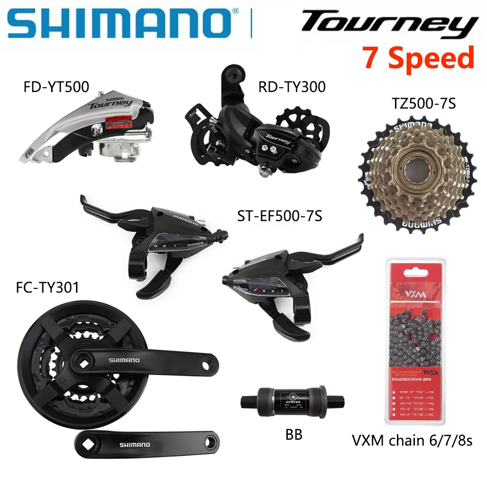 

7-скоростной групповой комплект SHIMANO Tourney MTB включает задний переключатель EF500 или M315 TY300, кассета TZ500, 28T, 34T, цепь VXM TY301