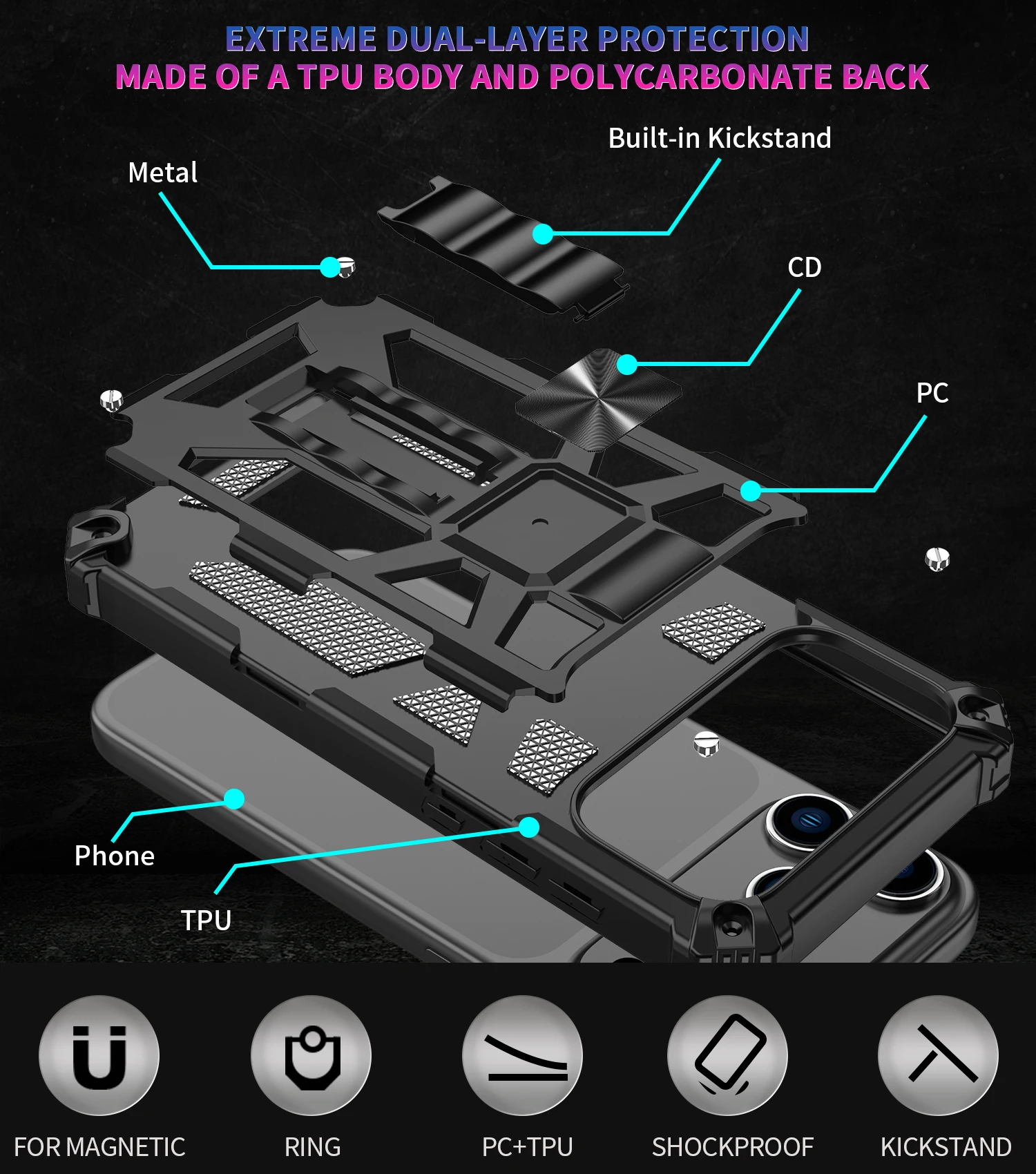 Stoßfeste Handyhülle in Militärqualität für iPhone 18 17 16 15 14 13 12 11 18 Pro Max, Panzerhülle mit Klappständer und Autohalterung, Schutzhülle – Detail 3