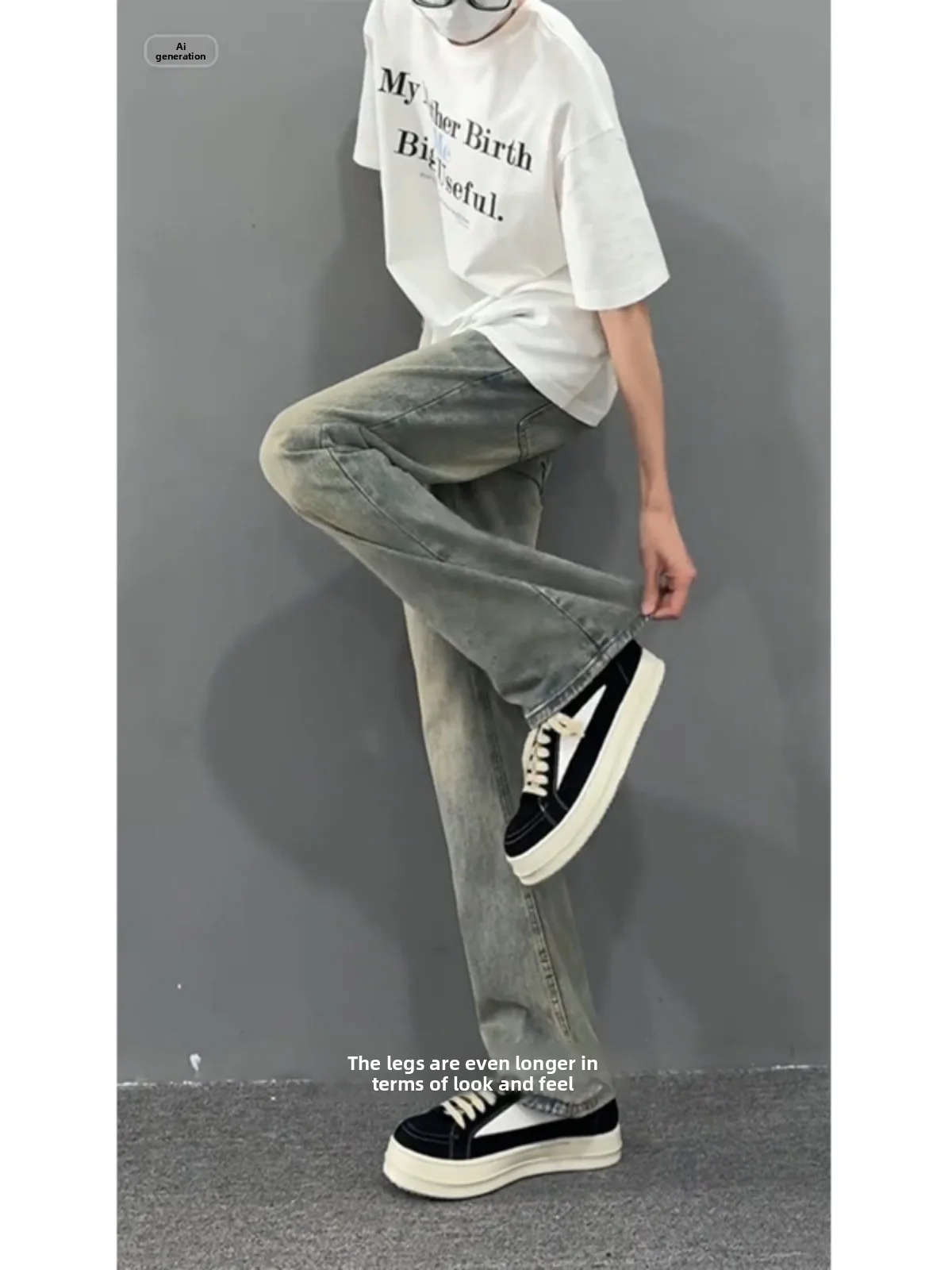 

American Retro Blue Straight Leg Jeans Men's Summer Thin High Waist Slimming Vibe Bell Bot Youth Faion Cotton Polyester