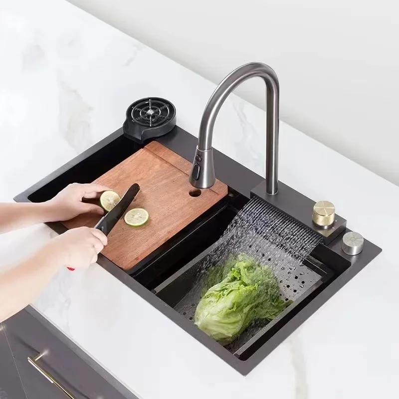 waterfall faucet, large single sink, stainless steel material, the best-selling sink in China