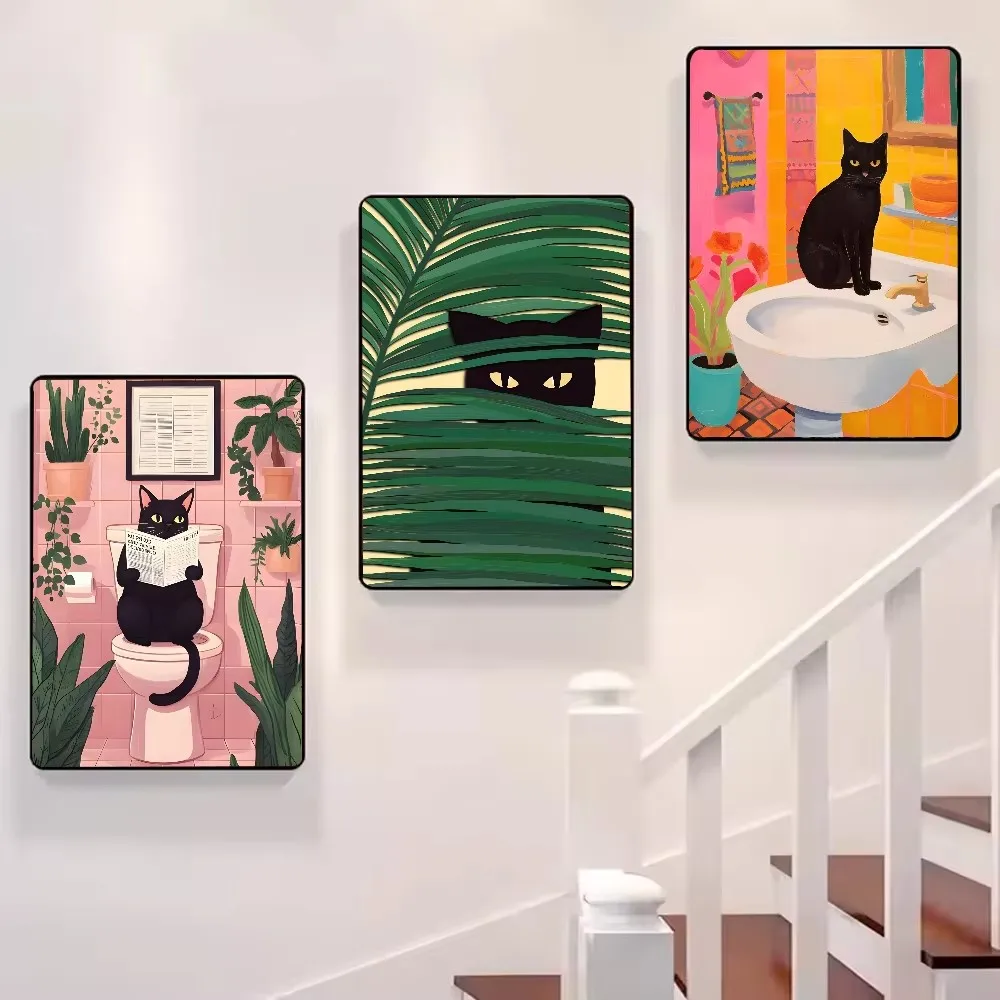 Funny Black Cat Reading Newspapers on The Toilet Canvas Print Green Pink  Animal Wall Art Poster for Modern Bathroom Home Decor