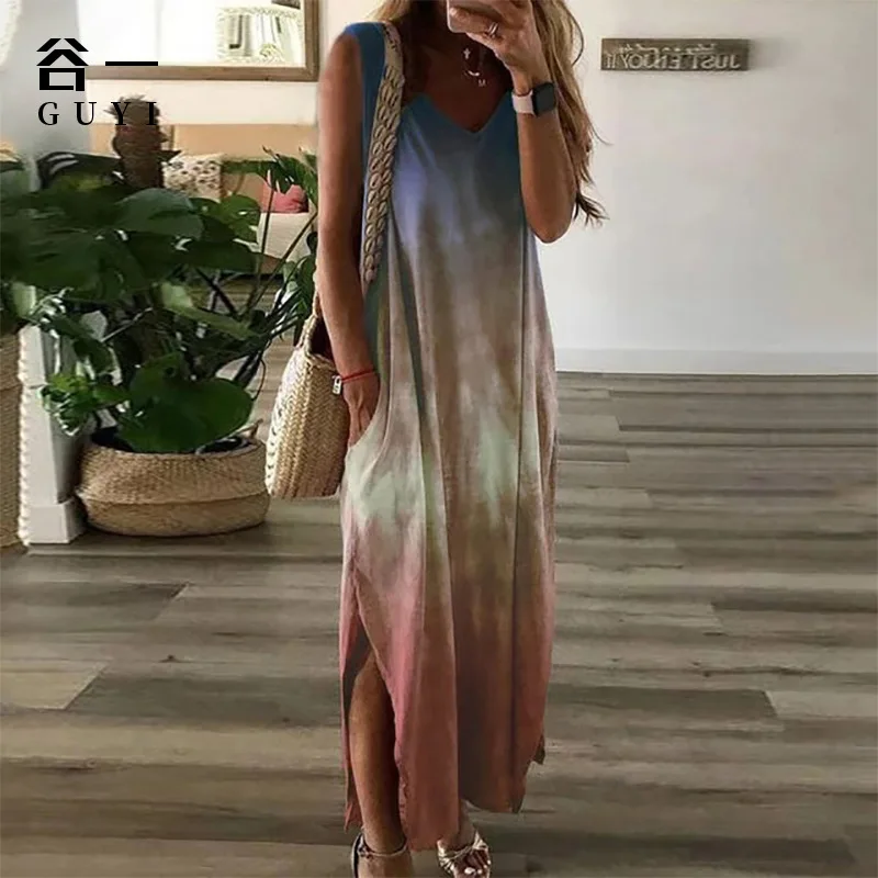 Women's V-neck Casual Loose Fashion Tie Dye Gradient Color Long Dresses Sleeveless Split Dress with Pockets Summer Beach Skirt