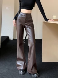 Fashion Pants Women PU Faux Slim-Fit Chic Autumn Winter High Waist Daily New Street Wear Solid Color Slim Flare Trousers