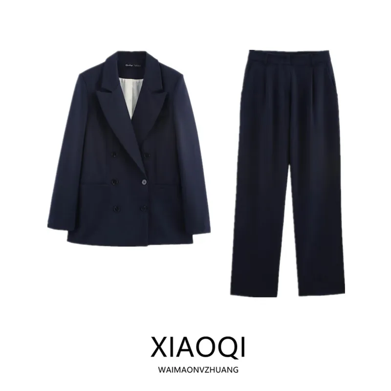 

Spring 2025 Women's Faion Suit Jaet with oulder Pads Double Row Buttons mid Waist Long Pants Ele Workwear