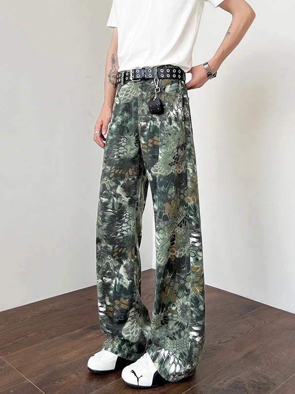 een camuflagem cobra impressão jeans masculino vintage solto calças de perna reta para caras altas juventude faion wear