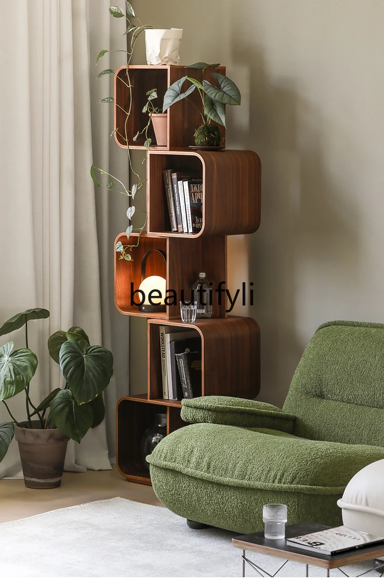 Nordic medieval retro walnut curved wood multi-grid record display shelf bookshelf