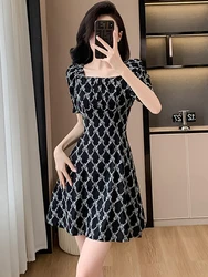 Black Print Plaid Chic Sqaure Collar New in Dress Women Summer Short Sleeve Casual Mini Dress 2024 Korean Elegant Bodycon Dress