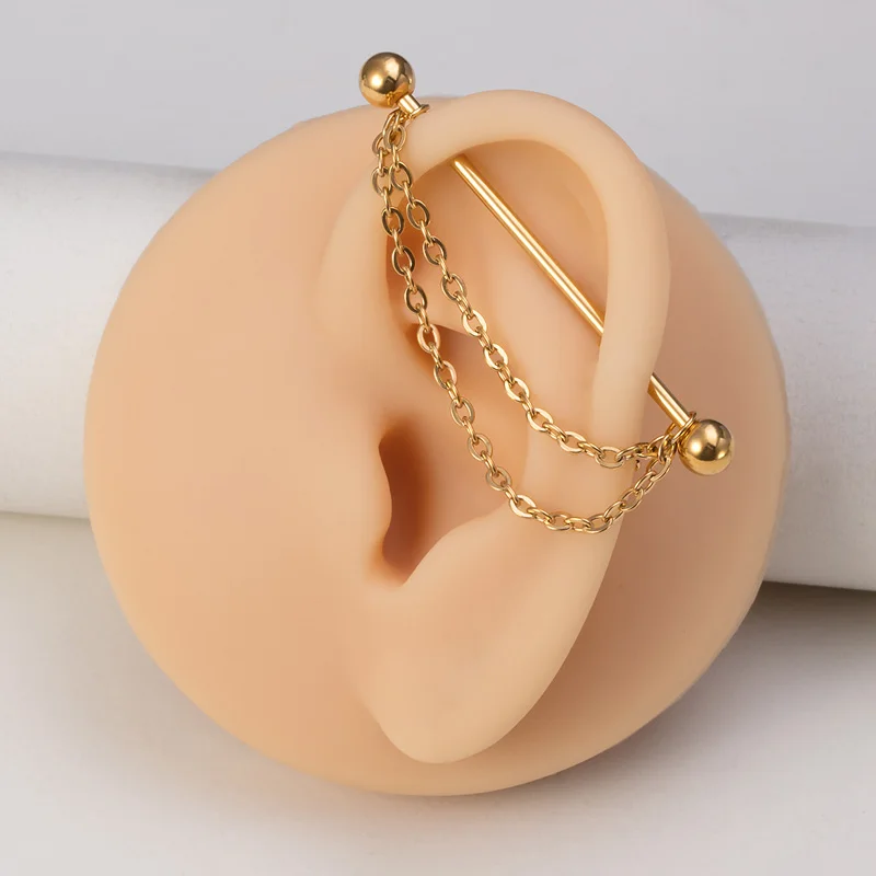 1pc Surgical Steel Industrial Piercing Barbell with Chain Cartilage Earrings Long Ear Stud Helix for Women Men Body Jewelry 38mm