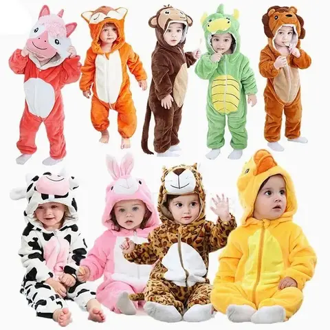 Toddler Boys 1 to 2 3 4 Years Rompers Baby Girl Kigurumi Pijama Monkey Unicorn Cow Animal Cosplay Costume Winter Plush Jumpsuit