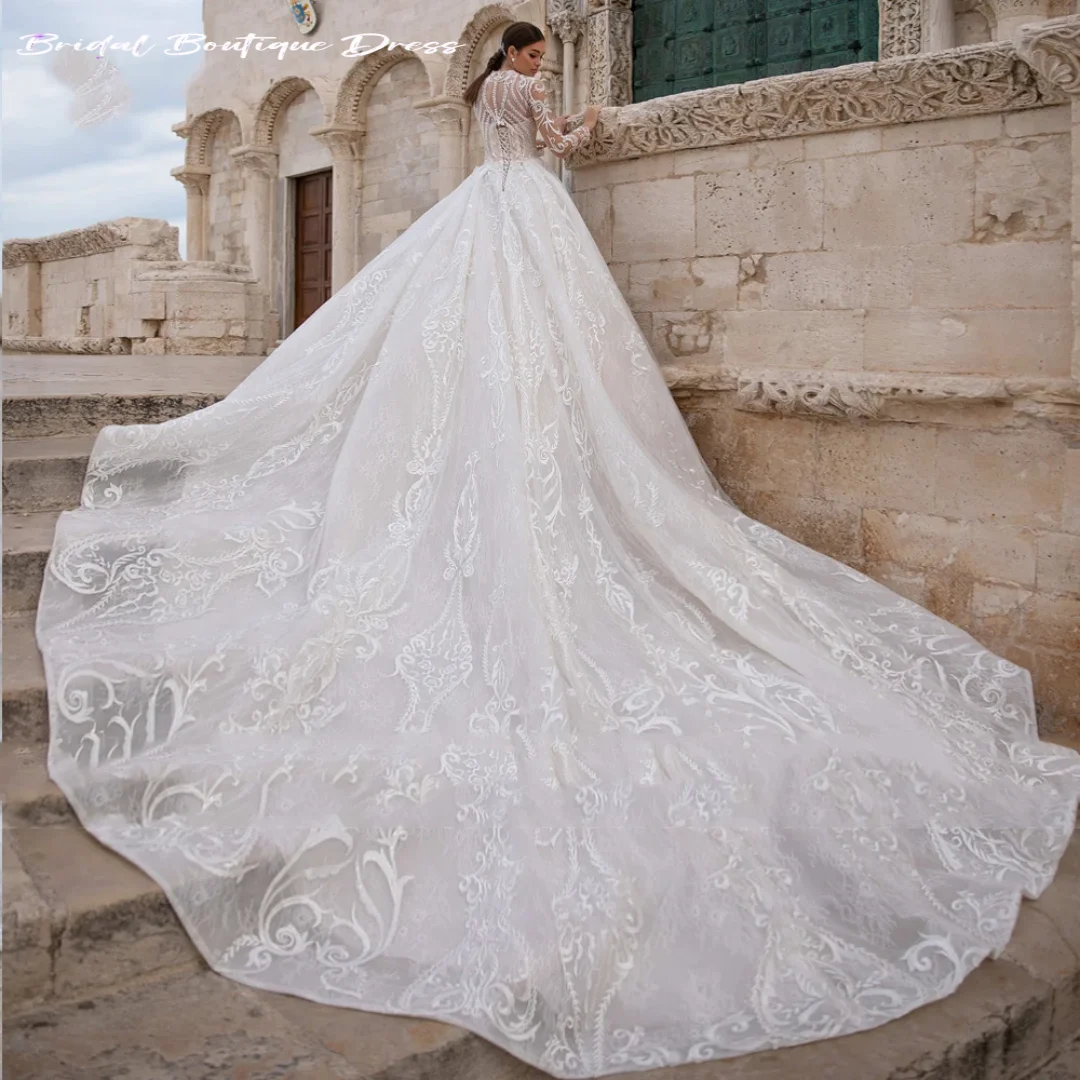 Customized Luxury A Line Wedding Party Dress Embroidered Lace On Net With Ball Gown Train V-Neck Full Sleeve ​Bridal