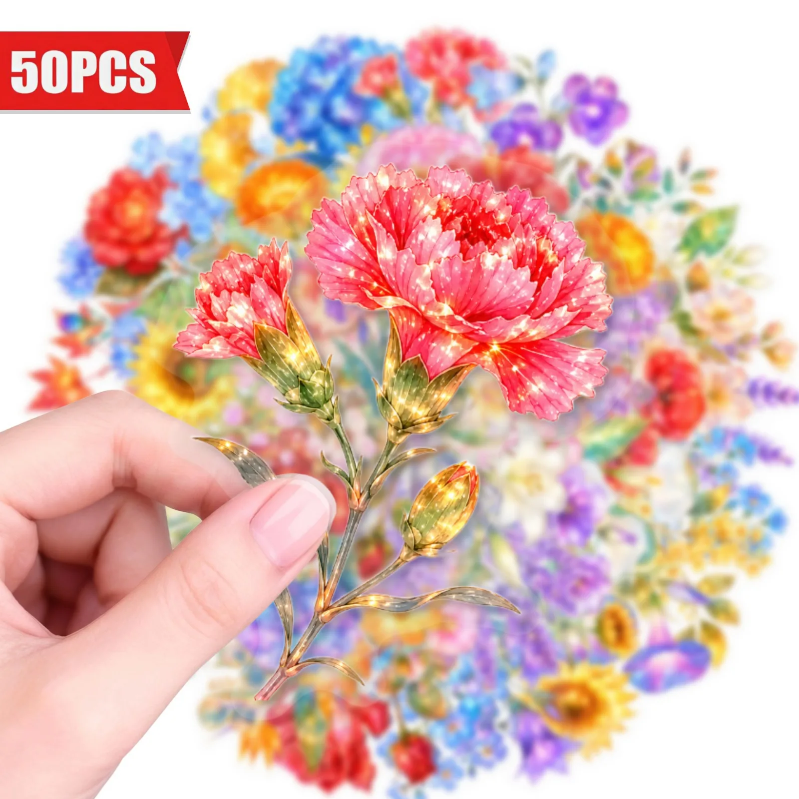 50 Pcs Colorful Floral Stickers Summer Dream Transparent PET Waterproof Decals for Journal Laptop Phone Case Luggage Gift