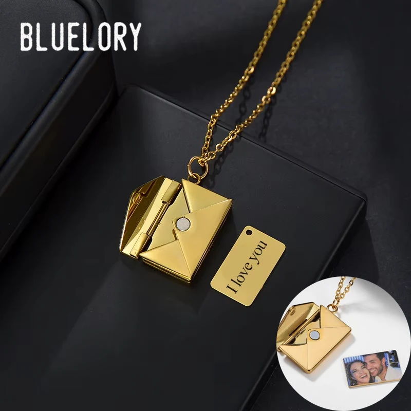 

Bluelory Customized Color Photo Envelope Necklace For Women Stainless Steel Engraved Text Necklaces Couple Anniversary Gift