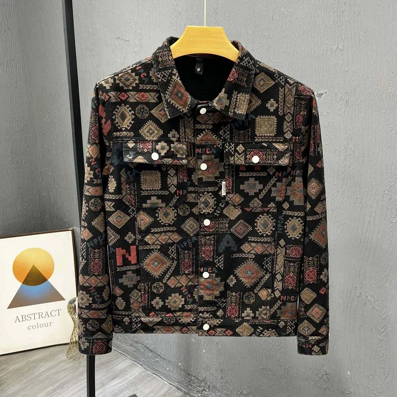 Fashionable Casual Men's Printed Denim Jacket Autumn Spring Trendy Retro Style Standard Fit Long Sleeve Button up Jacket
