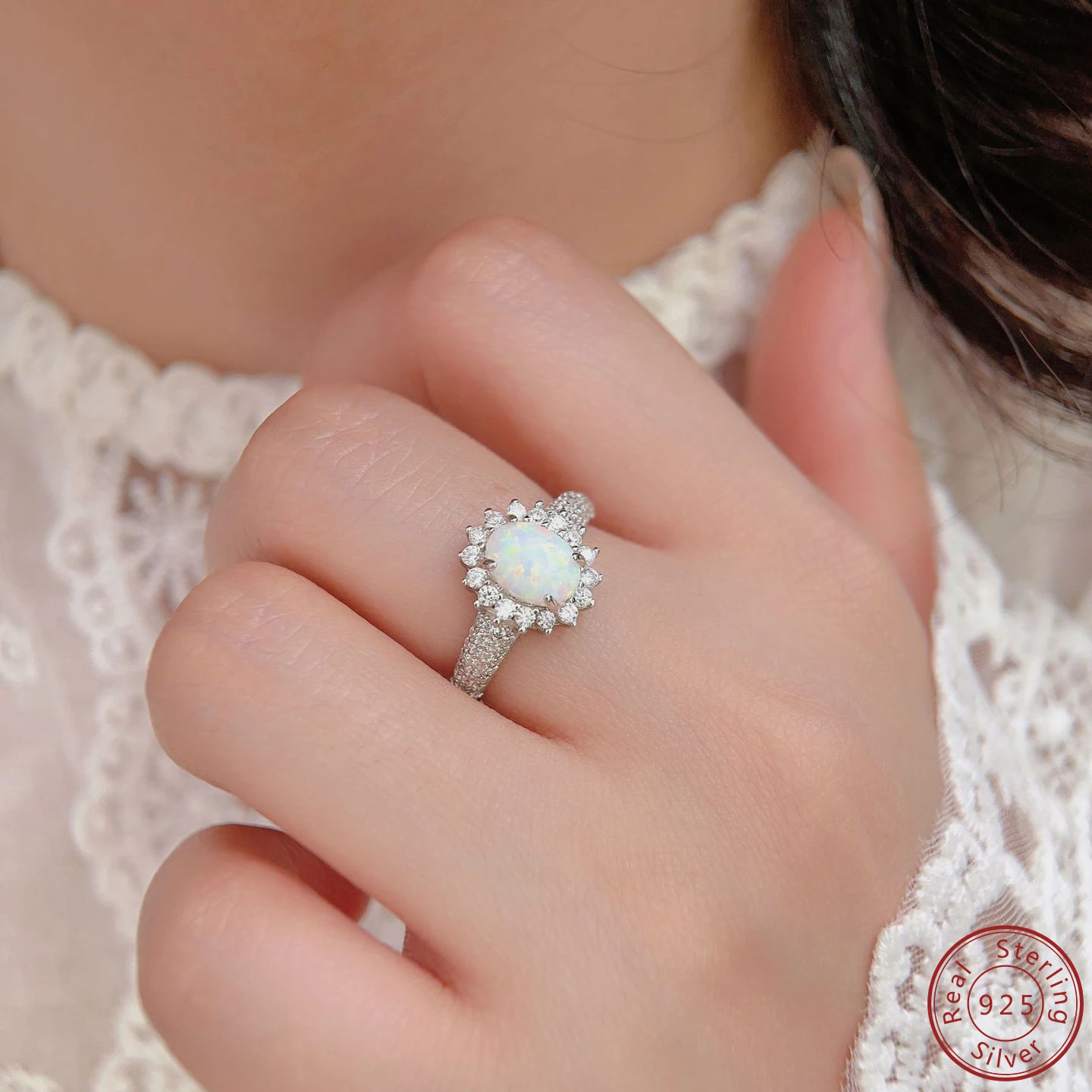 2024 New European and American Sunflower White Opal Ring 100% 925 Sterling Silver Inlaid Zircon Fashion Versatile Ring for Women