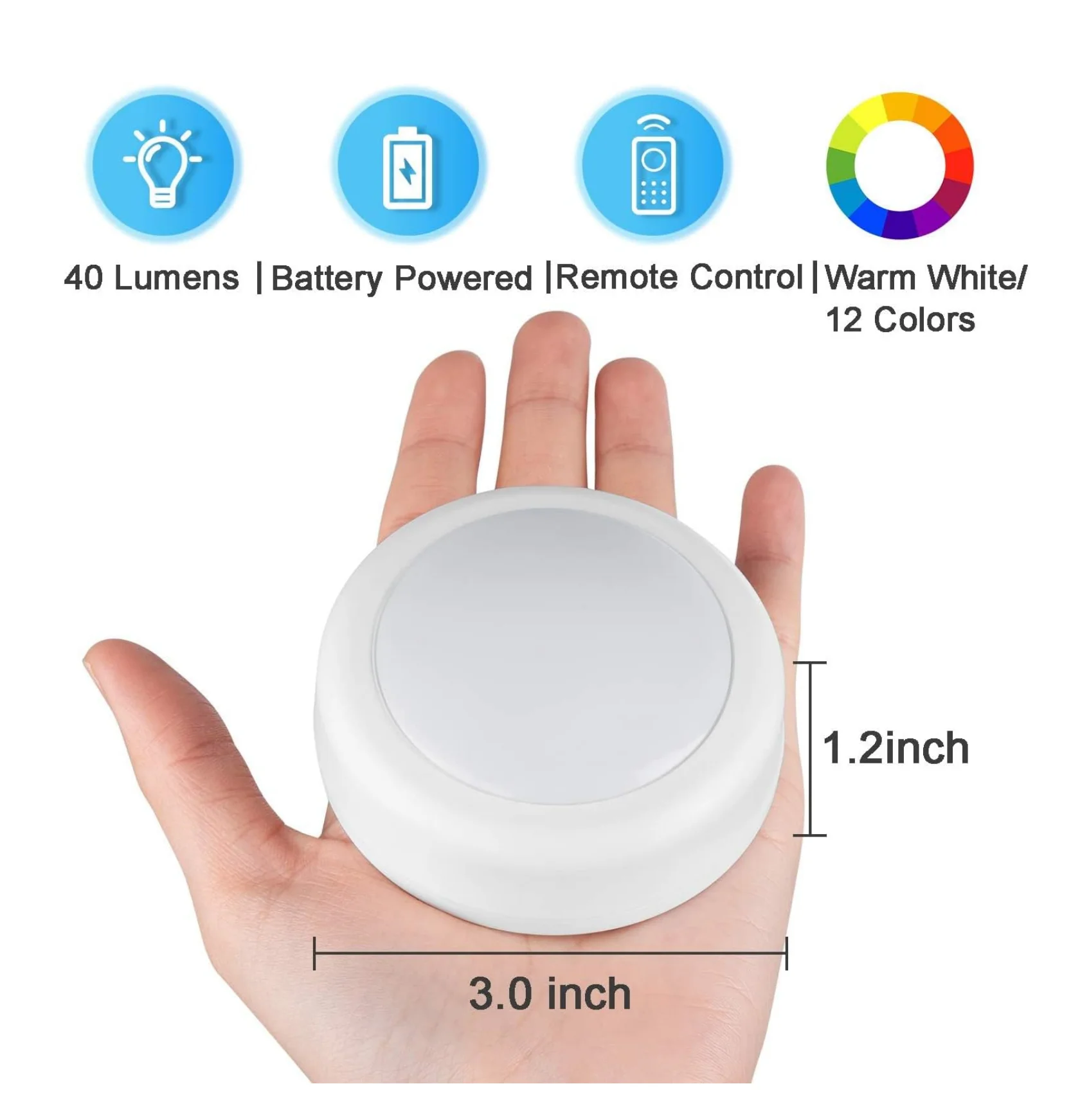 6-Pack RGB Puck Lights, 2 Remotes, 12 Modes+Warm White, Dimming, Timer, Magnetic/Adhesive, for Cabinet, Shelf, Bedroom Showcase