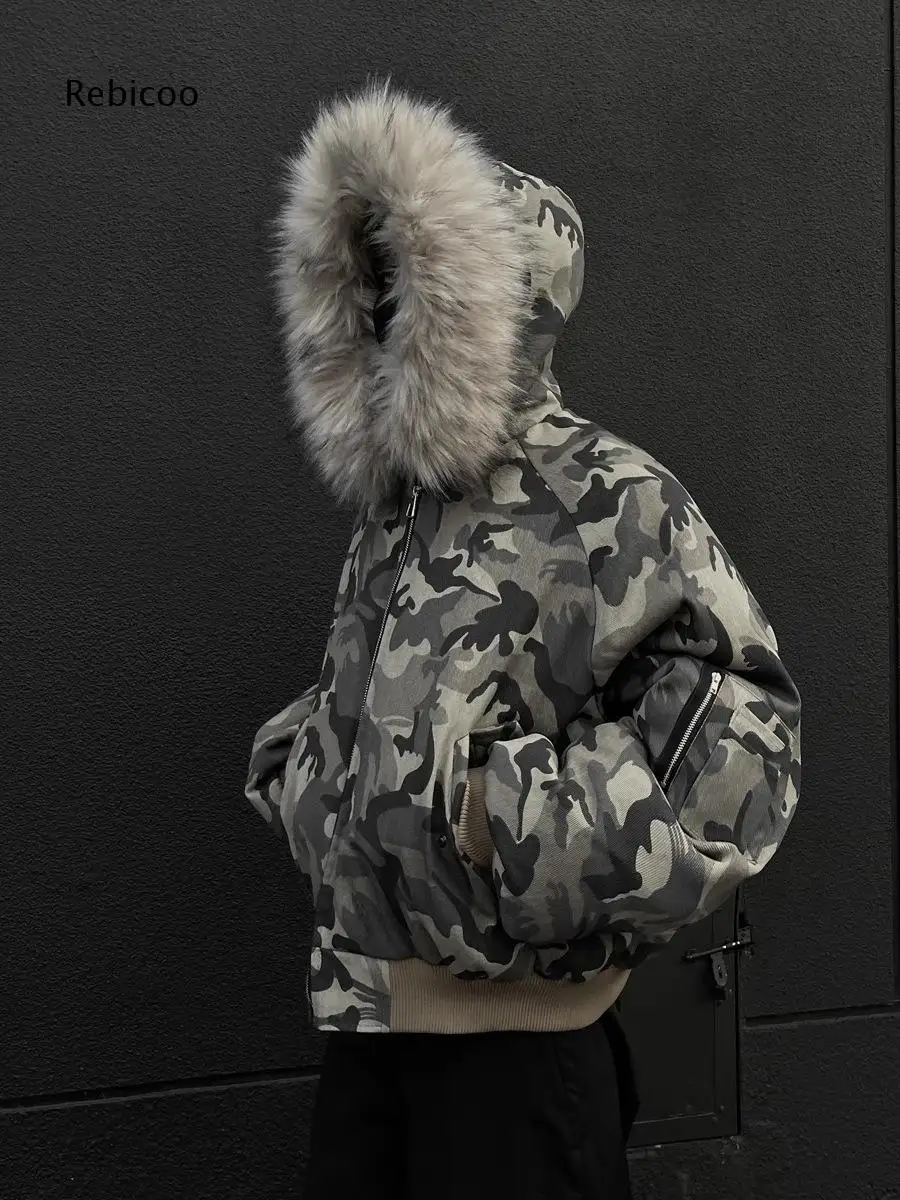 Cropped Camouflage Hooded Jacket Faux Fur Collar Zip Closure Ribbed Hem Coat For Fashion Streetwear And Outdoor Daily Use