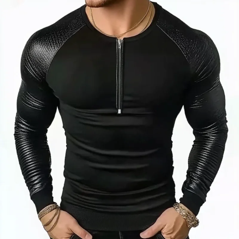 

2025 Men's Zip Basic Tight T-Shirt Slim Fit Casual Tee Breathable Comfortable Streetwear Short Sleeve Top for Daily Wear