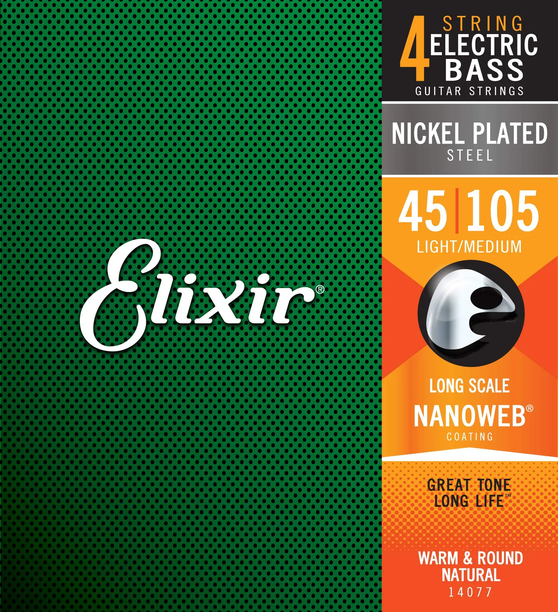 1Pcs for Elixir Strings Nickel Plated Steel 4-String Bass Strings w NANOWEB Coating, Long Scale, Light/Medium (.045-.105)-14077