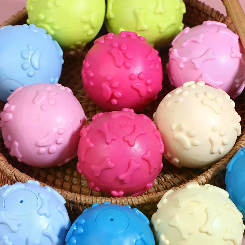 Pet Plaything Interactive Dog Toys Squeaky Rubber Dog Toy Ball Cartoon Paw Print Design Small Breeds Durable Chew Dental Health