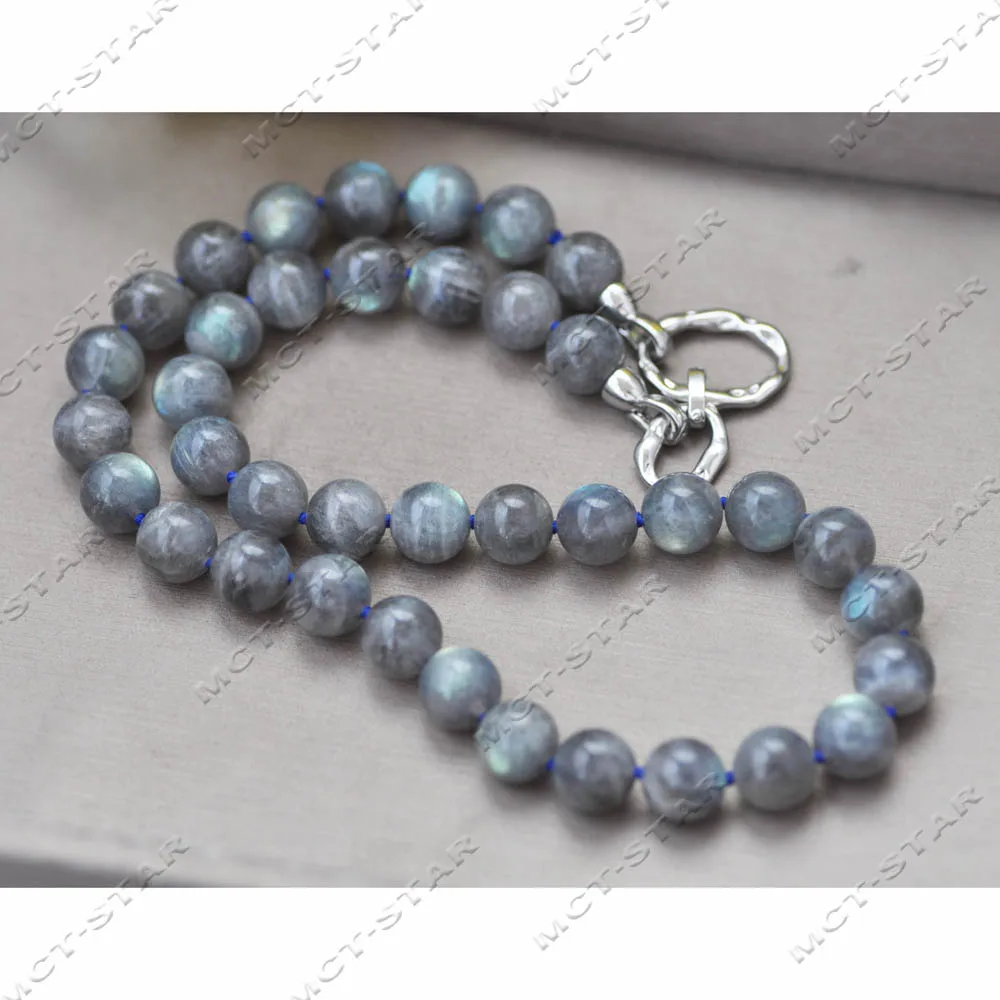 

Z13788 Real 18" 10mm Natural Peacock-Gray Round Labradorite Necklace Custom Jewelry