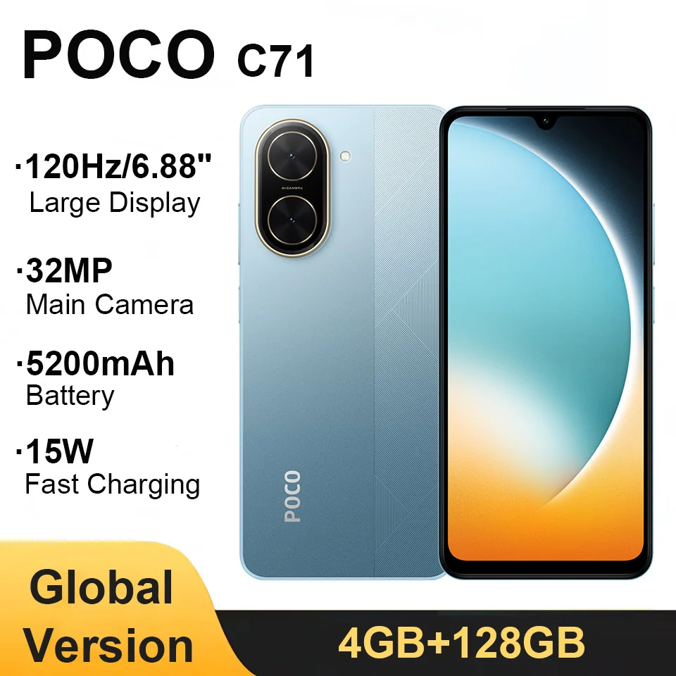 الإصدار العالمي للهاتف الذكي POCO C71 بطارية 128 جيجابايت 5200 مللي أمبير في الساعة شاشة AMOLED 6.88 بوصة / 120 هرتز كاميرا رئيسية 32 ميجابكسل شحن سريع 15 وات