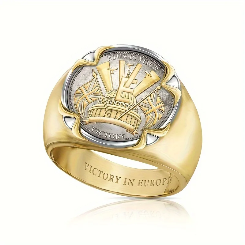 2024 New Luxury Men‘s 18K Gold Plated Flag of England Rings Two Tone Carved Seal Victory Anniversary Ring Jewelry Gift