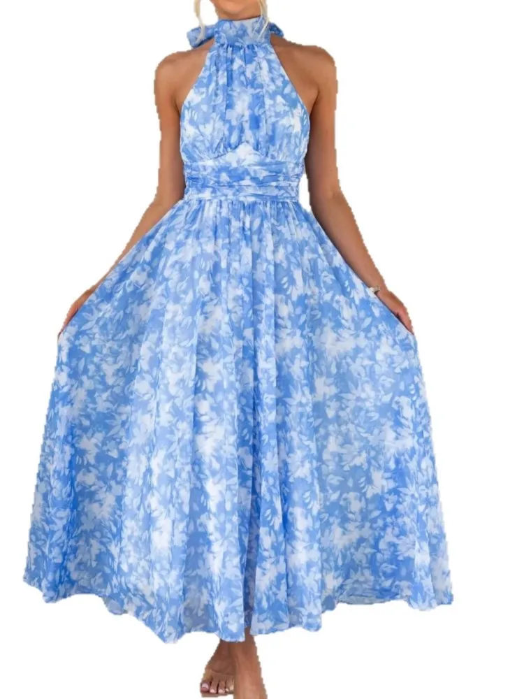 Nieuwe zomer vrouwen vakantie mouwloze print backless jurk mode elegante casual maxi jurken voor vrouwen gewaad femme vrouwen kleding