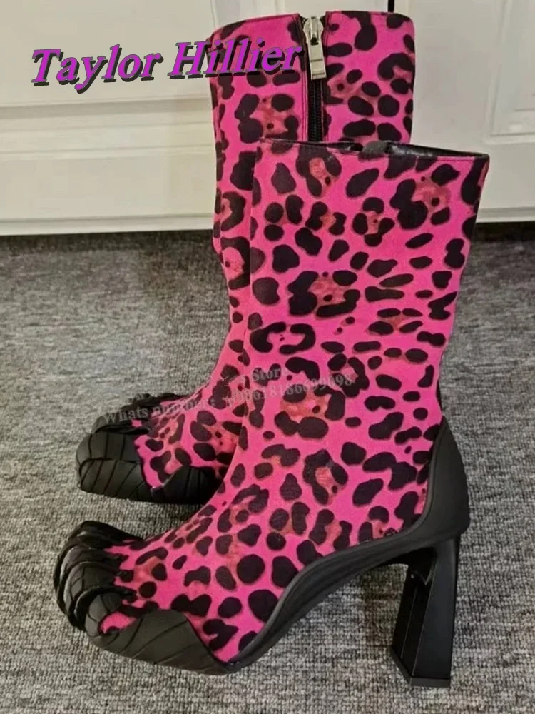 

Leopard Five Fingers Women Boots Leopard Prints Shoes Cool Ankle Slip On Heels Luxury Solid Side Zip Winter Outwear Botines