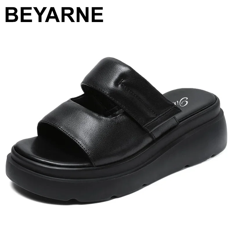 

Summer Platform Slippers Women Wedges Heel Open Toe Genuine Leather Outside Slippers Lady Slingback Shoes Casual Slides